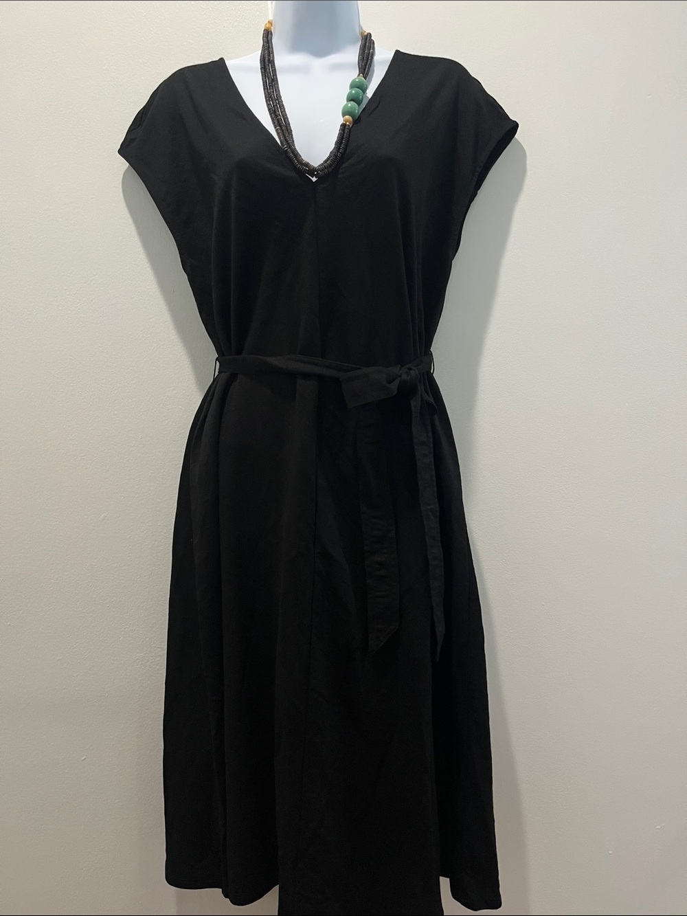 Zara Black V-Neck Midi Dress with Waist Tie